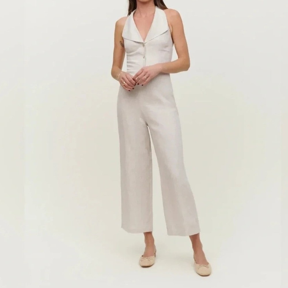 Reformation Billie Linen Halter Wide Leg Jumpsuit Oatmeal Button Front Size 6